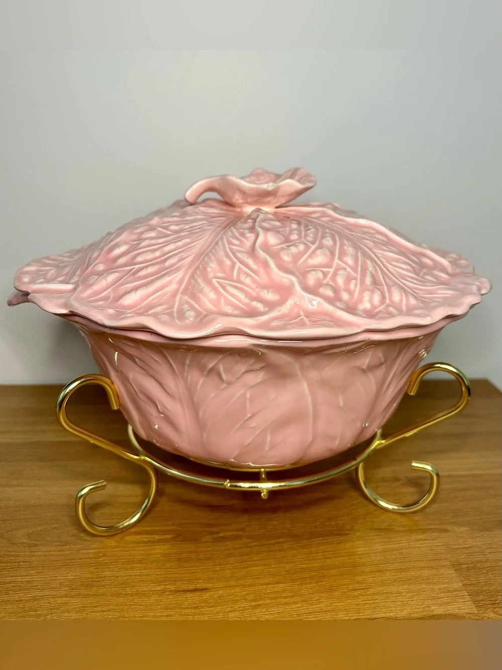 Vintage Pink Cabbage Leaf Casserole Dish with Gold Stand | MCM Miramar Californi